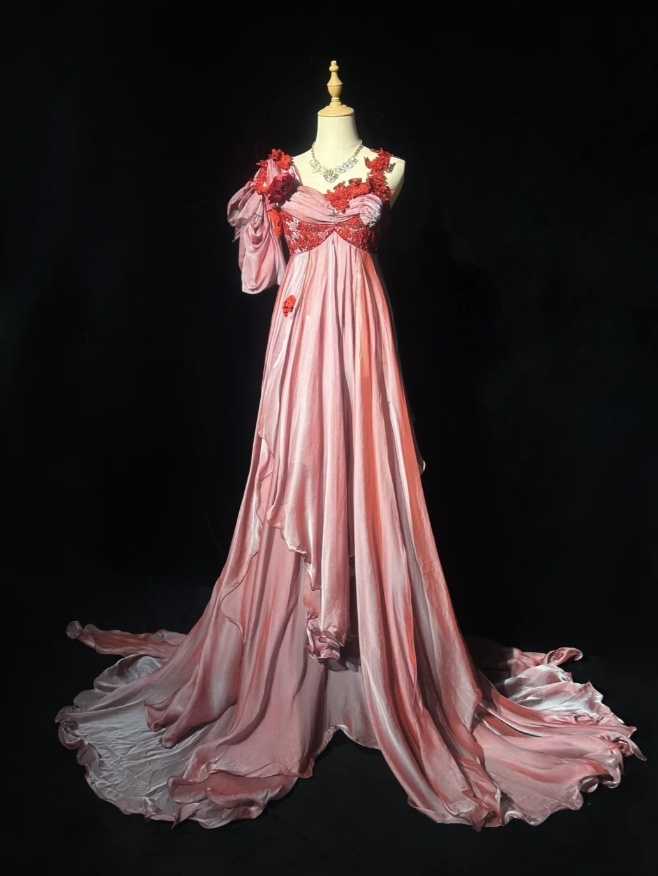 Chic Pink Long Prom Dresses Straps Imperial Evening Dresses Silk Sleeveless Party Dresses DP04701