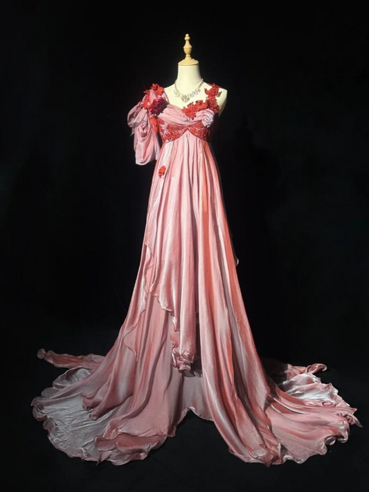 Chic Pink Long Prom Dresses Straps Imperial Evening Dresses Silk Sleeveless Party Dresses DP04701