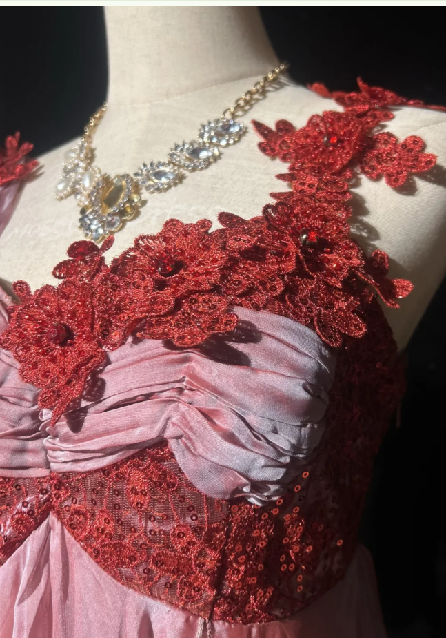 Chic Pink Long Prom Dresses Straps Imperial Evening Dresses Silk Sleeveless Party Dresses DP04701