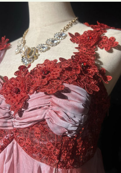 Chic Pink Long Prom Dresses Straps Imperial Evening Dresses Silk Sleeveless Party Dresses DP04701