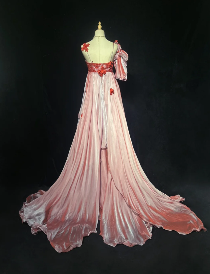 Chic Pink Long Prom Dresses Straps Imperial Evening Dresses Silk Sleeveless Party Dresses DP04701