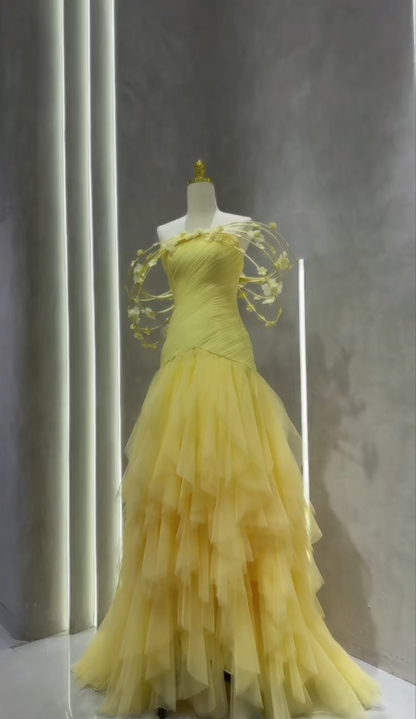 Chic Yellow Long Prom Dresses Strapless Sheath Evening Dresses Tulle Birthday Dresses DP04705