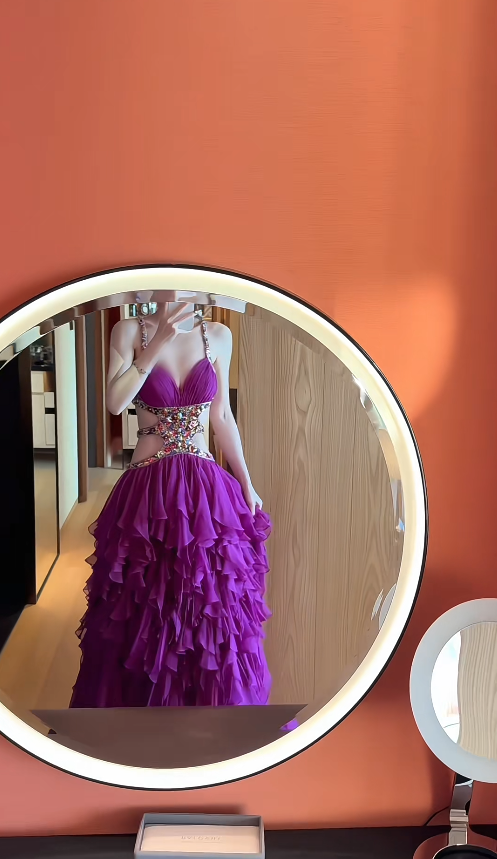 Chic Purple Long Prom Dresses Spaghetti Straps A-line Evening Dresses Chiffon Birthday Dresses DP04706