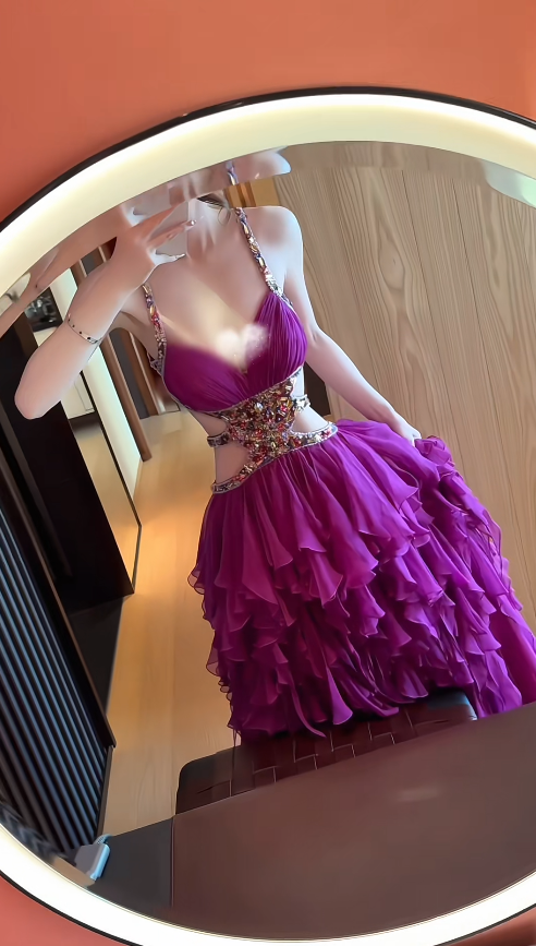 Chic Purple Long Prom Dresses Spaghetti Straps A-line Evening Dresses Chiffon Birthday Dresses DP04706
