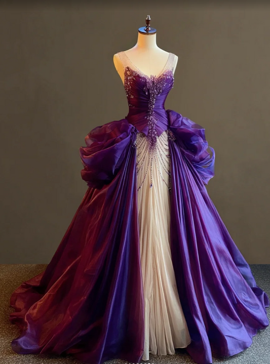 Chic Purple Long Prom Dresses V-Neck A-Line Evening Dresses Satin Beaded Birthday Dresses DP04710