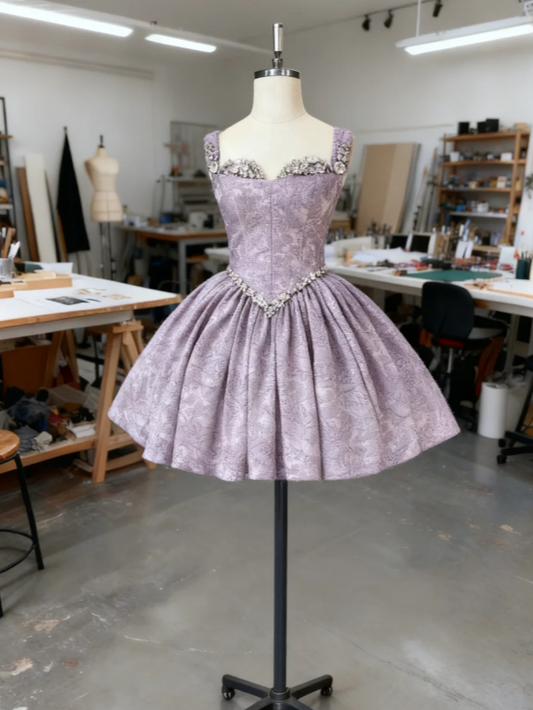 Sexy Lilac Short Prom Dresses Straps A-Line Evening Dresses Satin Sleeveless Birthday Dresses DP04716