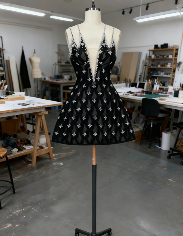 Sexy Black Short Prom Dresses Straps A-Line Evening Dresses Rhinstones Tulle Sleeveless Birthday Dresses DP04718