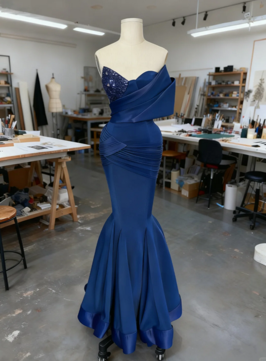 Elegant Blue Long Prom Dresses Sweetheart Mermaid Evening Dresses Satin Sleeveless Birthday Dresses DP04721