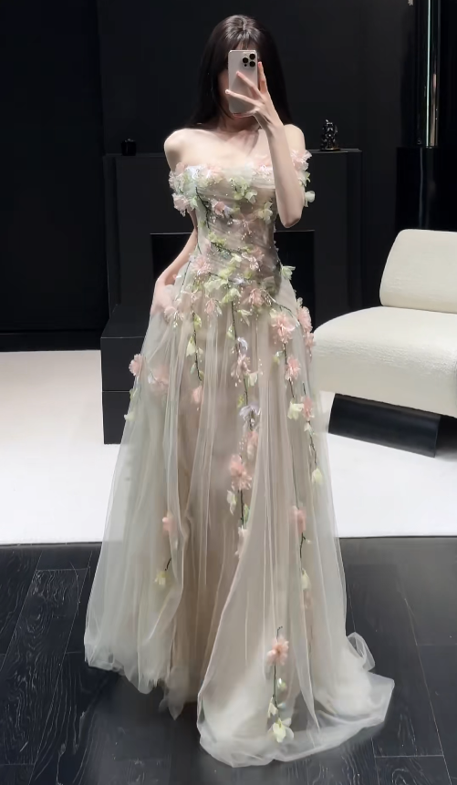 Elegant Champagne Long Prom Dresses Off-shoulder A-Line Evening Dresses Tulle Applique Birthday Dresses DP04722