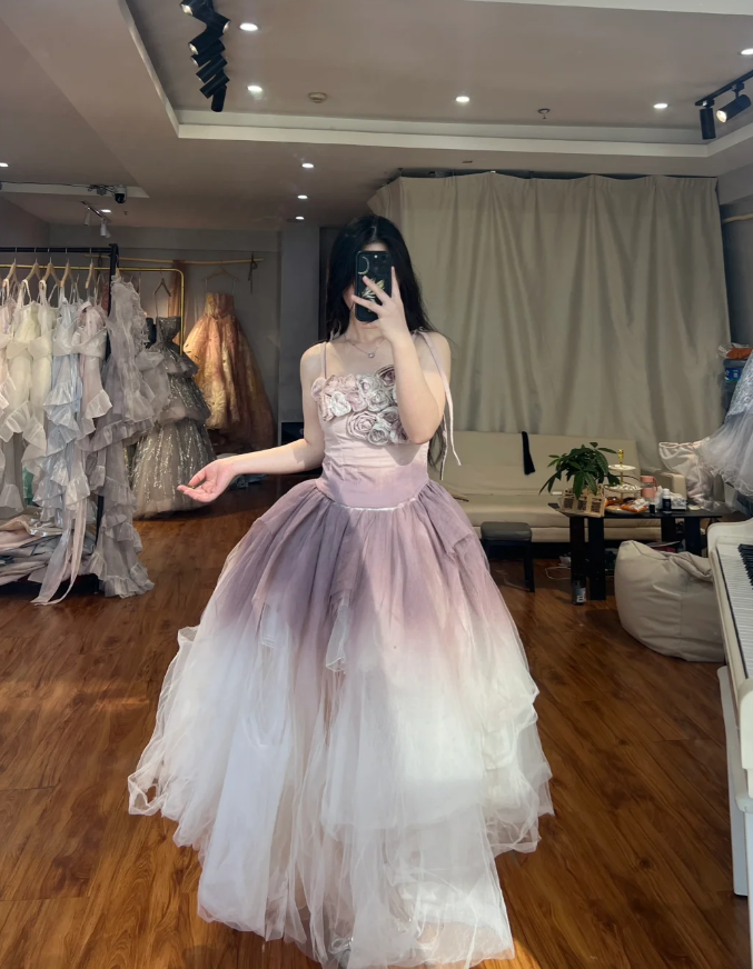 Elegant A-Line Long Prom Dresses Spaghetti Straps Evening Dresses Tulle Applique Birthday Dresses DP04723