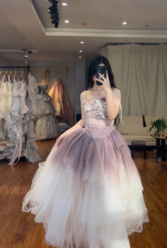 Elegant A-Line Long Prom Dresses Spaghetti Straps Evening Dresses Tulle Applique Birthday Dresses DP04723