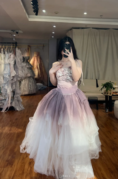 Elegant A-Line Long Prom Dresses Spaghetti Straps Evening Dresses Tulle Applique Birthday Dresses DP04723