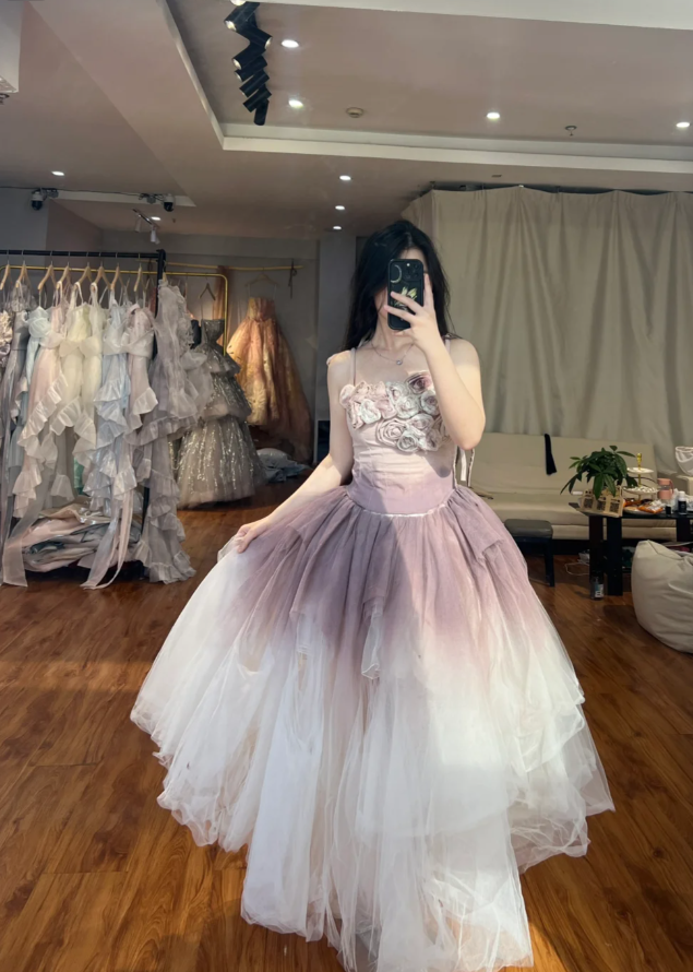 Elegant A-Line Long Prom Dresses Spaghetti Straps Evening Dresses Tulle Applique Birthday Dresses DP04723