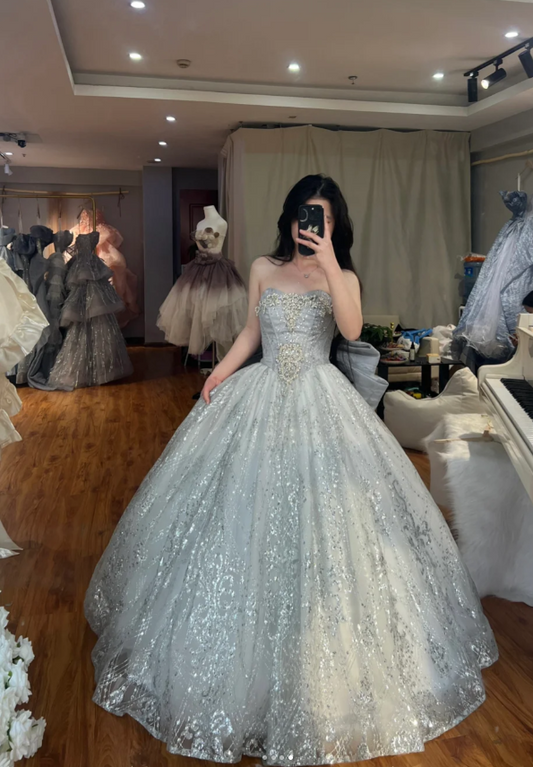 Elegant A-Line Long Prom Dresses Strapless Evening Dresses Tulle Sequins Sleeveless Birthday Dresses DP04724