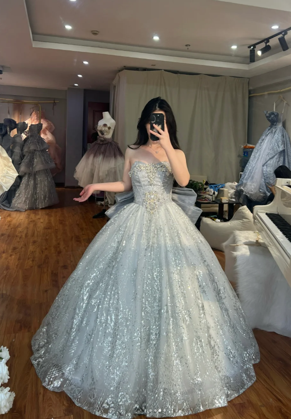 Elegant A-Line Long Prom Dresses Strapless Evening Dresses Tulle Sequins Sleeveless Birthday Dresses DP04724