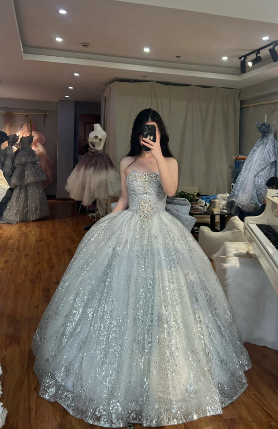 Elegant A-Line Long Prom Dresses Strapless Evening Dresses Tulle Sequins Sleeveless Birthday Dresses DP04724