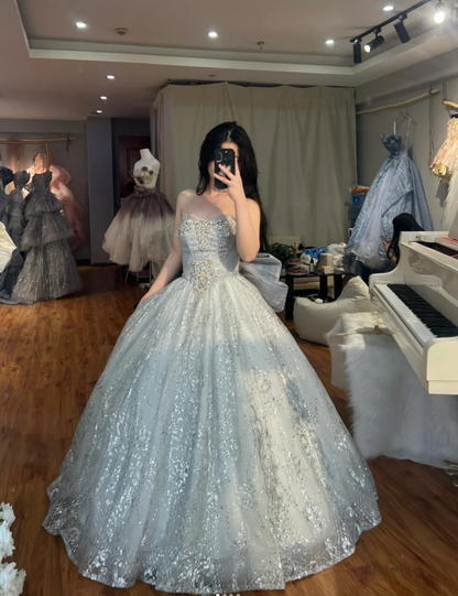 Elegant A-Line Long Prom Dresses Strapless Evening Dresses Tulle Sequins Sleeveless Birthday Dresses DP04724