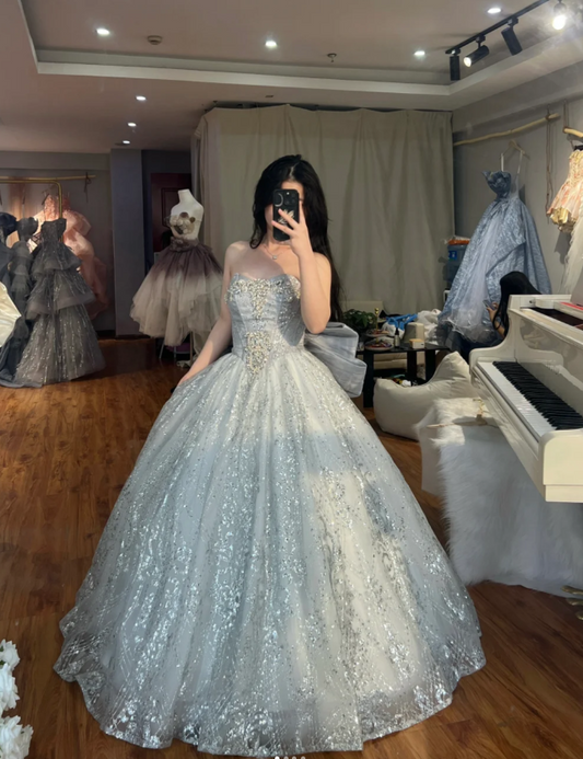 Elegant A-Line Long Prom Dresses Strapless Evening Dresses Tulle Sequins Sleeveless Birthday Dresses DP04724