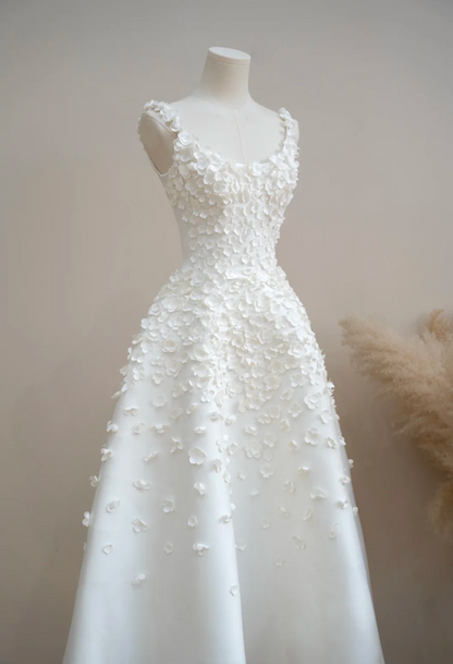 Elegant A-Line Long Wedding Dresses Straps White Bridal Dresses Satin Appliques Sleeveless Bridal Gowns DP04726