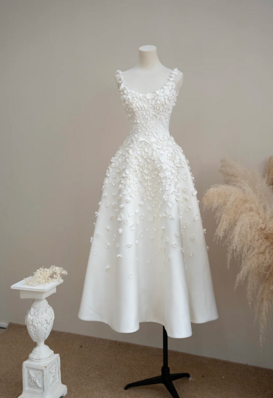 Elegant A-Line Long Wedding Dresses Straps White Bridal Dresses Satin Appliques Sleeveless Bridal Gowns DP04726