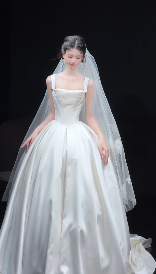 Elegant A-Line Long Wedding Dresses Straps White Bridal Dresses Satin Sleeveless Bridal Gowns DP04727