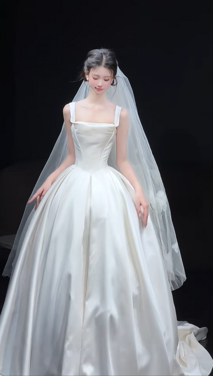 Elegant A-Line Long Wedding Dresses Straps White Bridal Dresses Satin Sleeveless Bridal Gowns DP04727