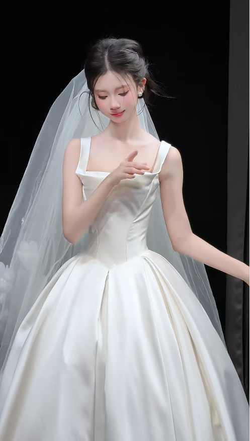 Elegant A-Line Long Wedding Dresses Straps White Bridal Dresses Satin Sleeveless Bridal Gowns DP04727