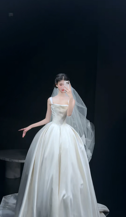 Elegant A-Line Long Wedding Dresses Straps White Bridal Dresses Satin Sleeveless Bridal Gowns DP04727