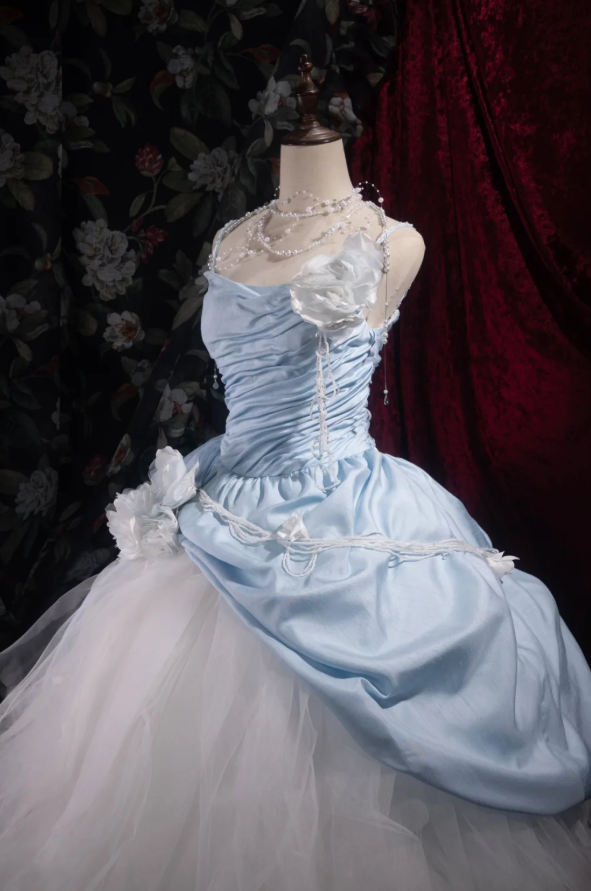 Elegant A-Line Long Prom Dresses Strapless Blue Quinceanera Dresses Tulle Sleeveless Sweet 16 Dress DP04728