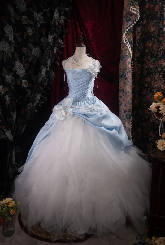 Elegant A-Line Long Prom Dresses Strapless Blue Quinceanera Dresses Tulle Sleeveless Sweet 16 Dress DP04728