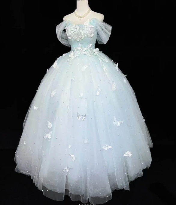 Cute A-Line Long Prom Dresses Off-shoulder Light Blue Quinceanera Dresses Tulle Sleeveless Sweet 16 Dress DP04729