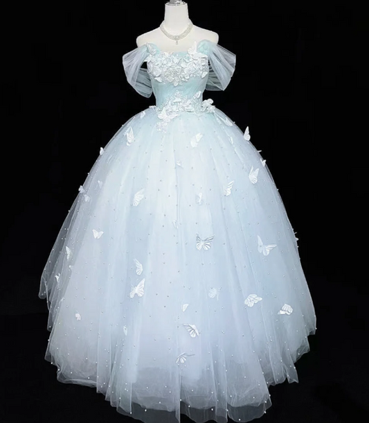 Cute A-Line Long Prom Dresses Off-shoulder Light Blue Quinceanera Dresses Tulle Sleeveless Sweet 16 Dress DP04729