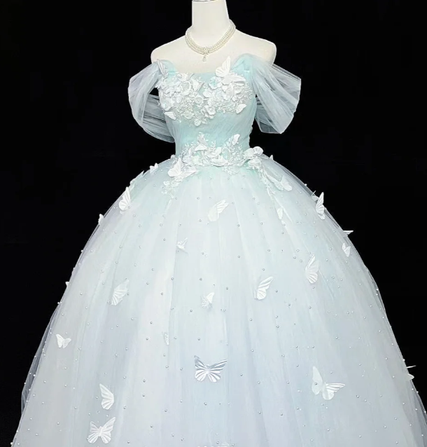 Cute A-Line Long Prom Dresses Off-shoulder Light Blue Quinceanera Dresses Tulle Sleeveless Sweet 16 Dress DP04729