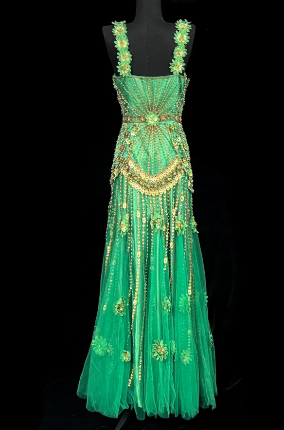 Elegant Green Long Prom Dresses Straps Sheath Evening Dresses Beaded Tulle Sleeveless Birthday Dress DP04730