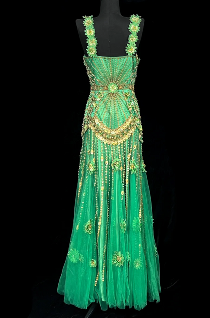 Elegant Green Long Prom Dresses Straps Sheath Evening Dresses Beaded Tulle Sleeveless Birthday Dress DP04730