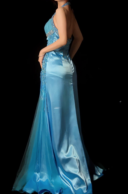 Elegant Blue Long Prom Dresses Halter Sheath Evening Dresses Satin Beaded Sleeveless Birthday Dress DP04731