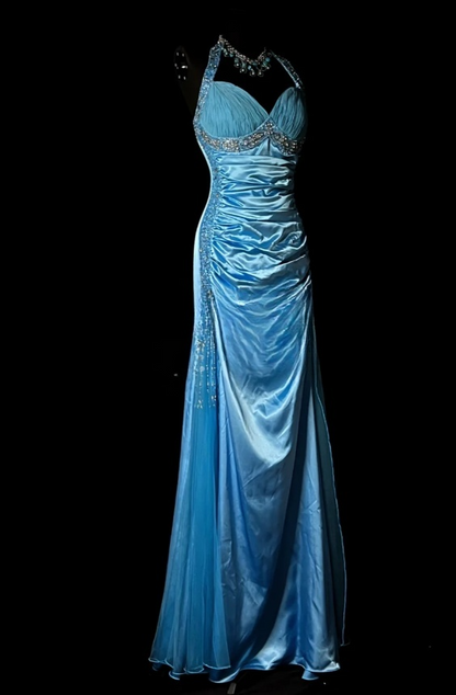 Elegant Blue Long Prom Dresses Halter Sheath Evening Dresses Satin Beaded Sleeveless Birthday Dress DP04731