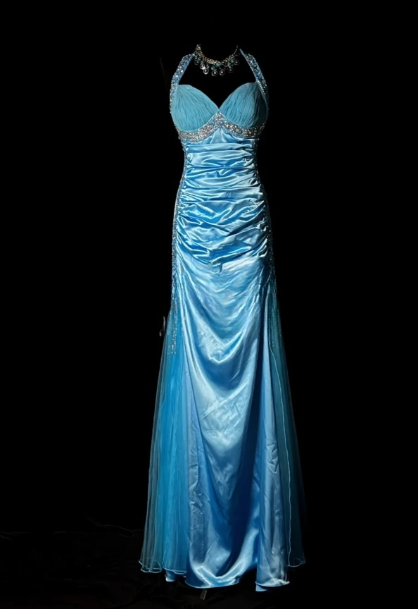 Elegant Blue Long Prom Dresses Halter Sheath Evening Dresses Satin Beaded Sleeveless Birthday Dress DP04731