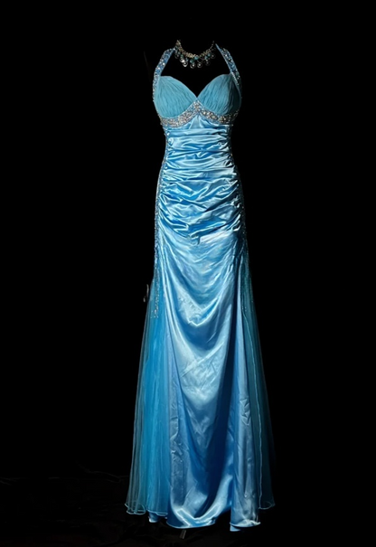 Elegant Blue Long Prom Dresses Halter Sheath Evening Dresses Satin Beaded Sleeveless Birthday Dress DP04731