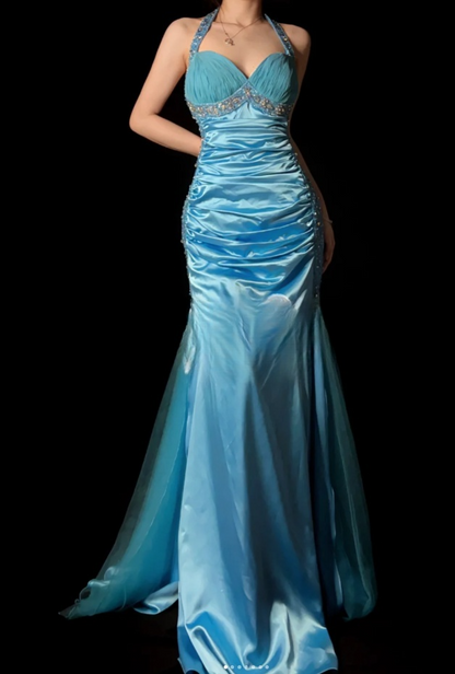 Elegant Blue Long Prom Dresses Halter Sheath Evening Dresses Satin Beaded Sleeveless Birthday Dress DP04731