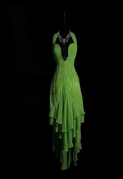 Elegant Green Long Prom Dresses Halter Sheath Evening Dresses Chiffon Beaded Sleeveless Birthday Dress DP04732