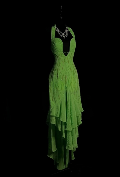 Elegant Green Long Prom Dresses Halter Sheath Evening Dresses Chiffon Beaded Sleeveless Birthday Dress DP04732