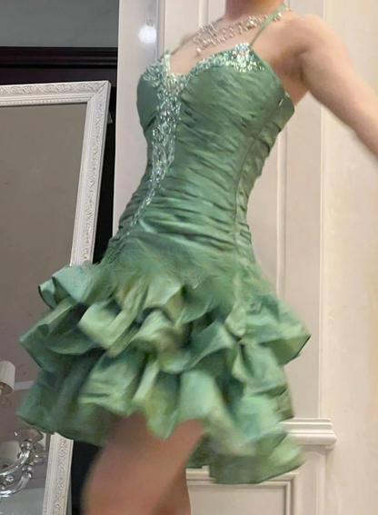 Elegant Green Short Prom Dresses Halter A-Line Birthday Dresses Satin Sleeveless Party Dress DP04733