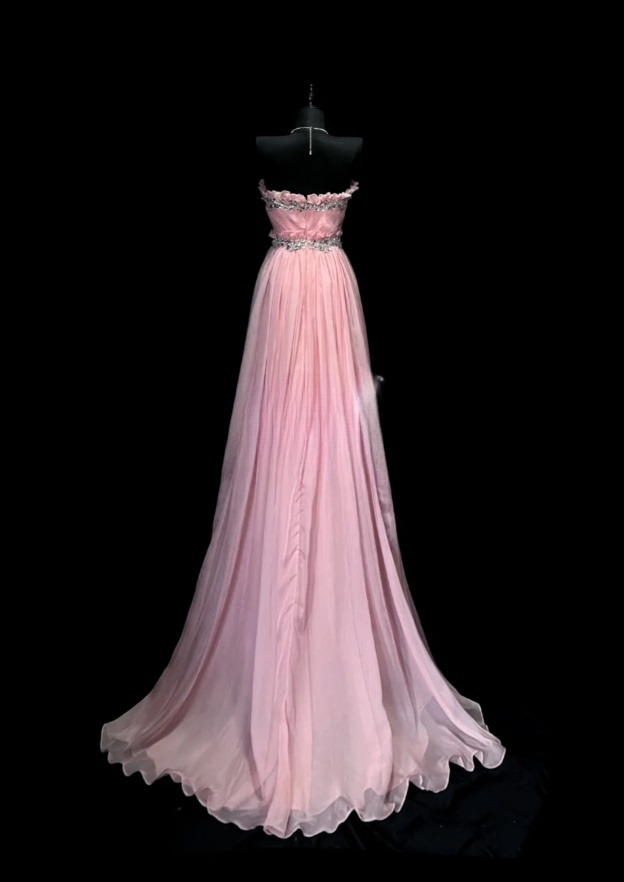 Elegant Pink Long Prom Dresses Strapless Sheath Birthday Dresses Chiffon Sleeveless Evening Gowns DP04734