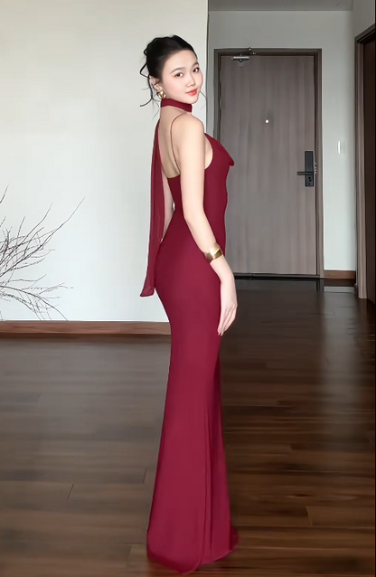 Gorgeous Burgundy Long Prom Dresses Spaghetti Straps Sheath Birthday Dresses Chiffon Sleeveless Evening Gowns DP04740