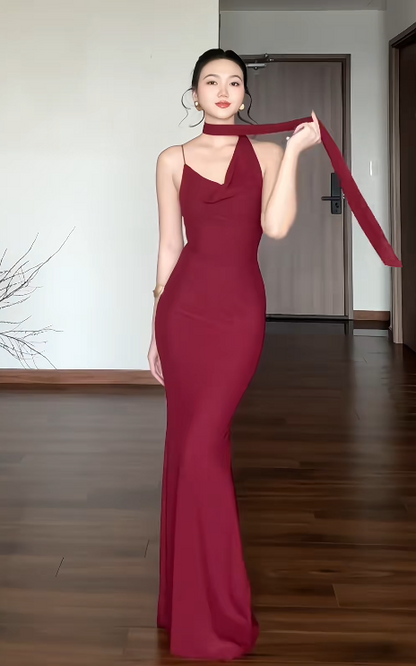 Gorgeous Burgundy Long Prom Dresses Spaghetti Straps Sheath Birthday Dresses Chiffon Sleeveless Evening Gowns DP04740