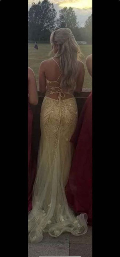 Gorgeous Yellow Long Prom Dresses Spaghetti Straps Sheath Birthday Dresses Sequins Tulle Sleeveless Evening Gowns  DP04746