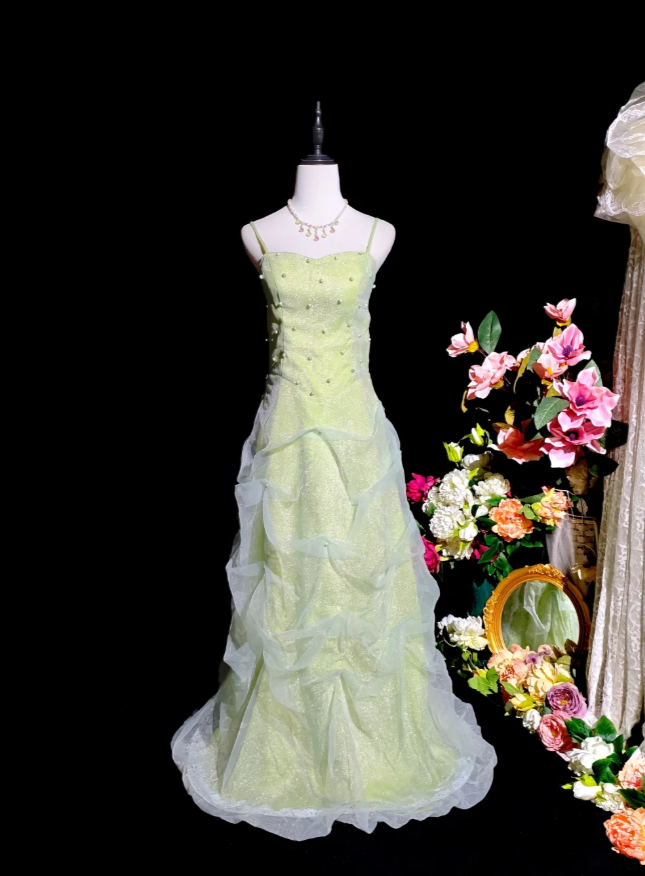 Gorgeous Green Long Prom Dresses Spaghetti Straps Sheath Birthday Dresses Tulle Sleeveless Evening Gowns DP04748