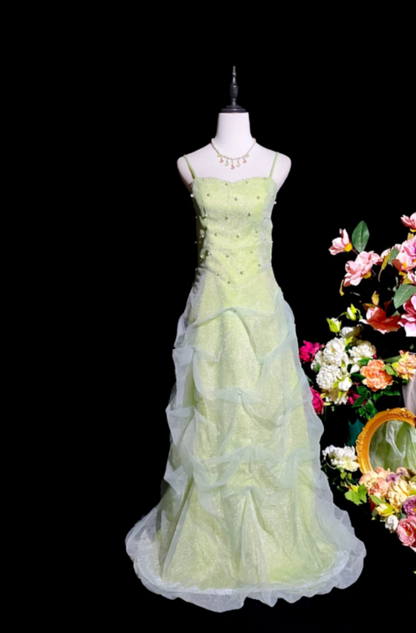 Gorgeous Green Long Prom Dresses Spaghetti Straps Sheath Birthday Dresses Tulle Sleeveless Evening Gowns DP04748