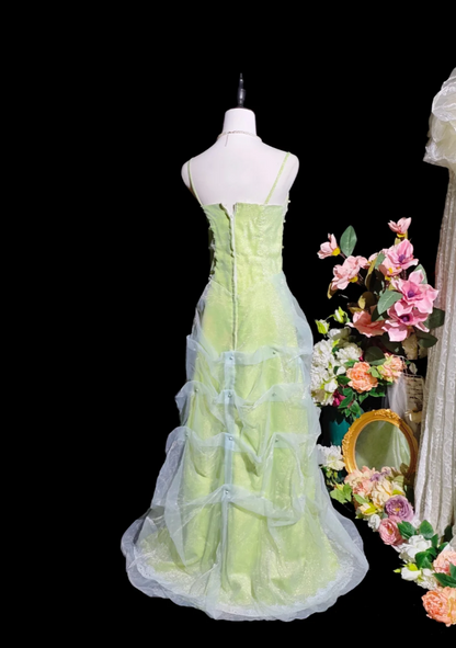Gorgeous Green Long Prom Dresses Spaghetti Straps Sheath Birthday Dresses Tulle Sleeveless Evening Gowns DP04748